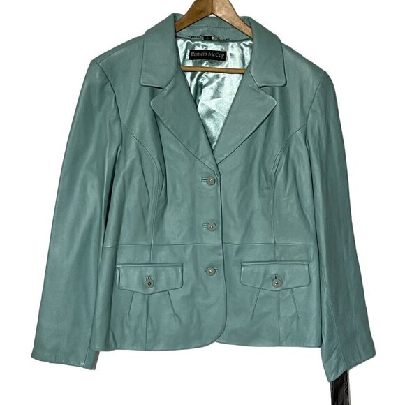 New PAMELA MCCOY Mint Green Genuine Leather Buttons Moto Jacket Blazer - Picture 1 of 9